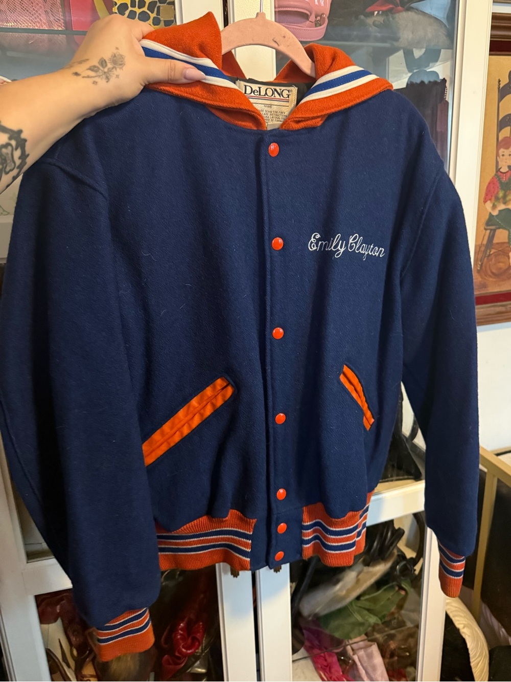 Vintage Navy & Orange Letterman Style Jacket with Hood